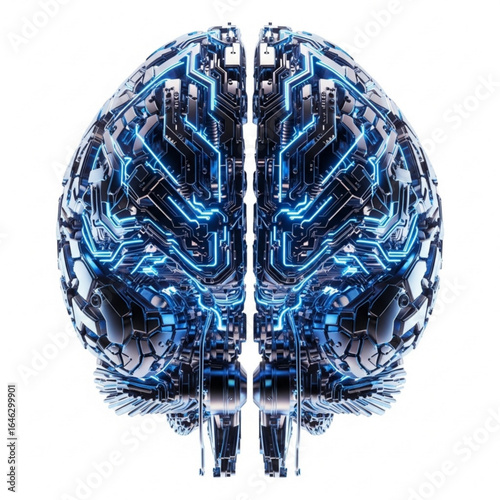 Metallic cerebral organ with glowing blue circuit pathways on white background for technology concept