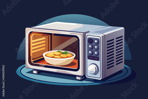 vector of Microwave - for heating and cooking quickly and necessary for every home. The color of the microwave is white as the dish is cooking. Dark background.