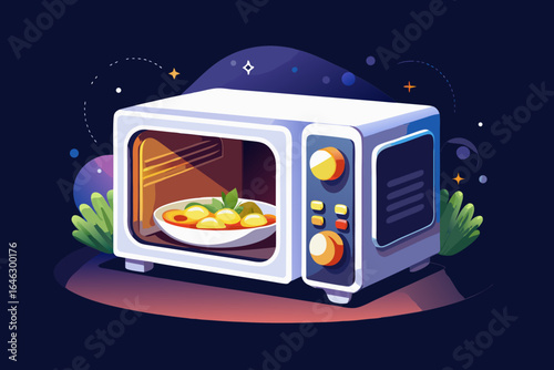 vector of Microwave - for heating and cooking quickly and necessary for every home. The color of the microwave is white as the dish is cooking. Dark background.