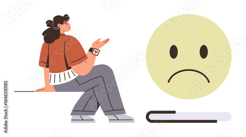 Woman gesturing while sitting with a sad face and progress bar, symbolizing waiting, disappointment, frustration, emotional expression, mental health, communication, and personal reflection. Simple