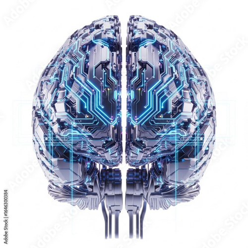 Metallic cerebral organ with luminous electric pathways on clear backdrop visual representation design