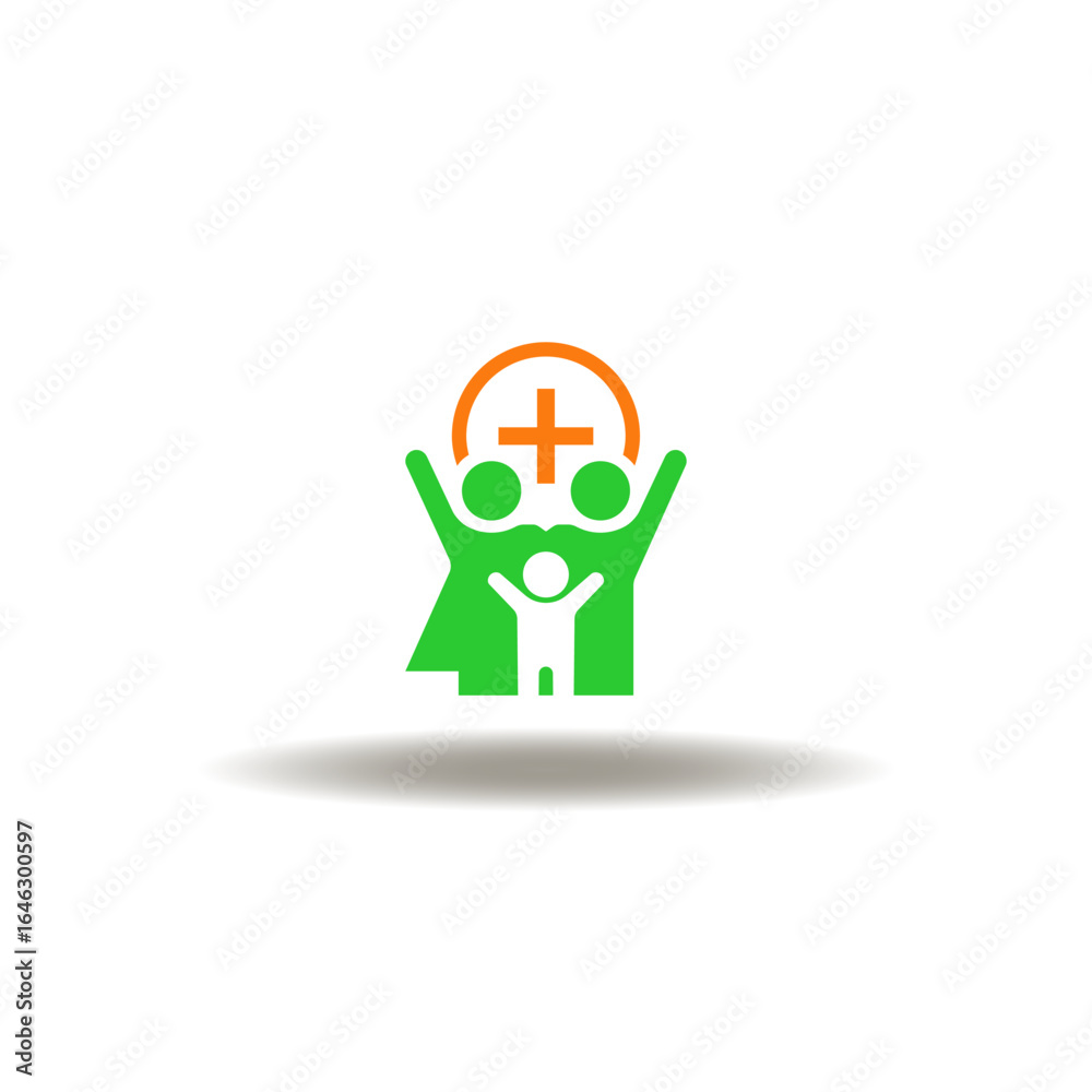 Fototapeta premium Vector illustration of happy family with hands up and health cross. Symbol of family medicine, home healthcare.