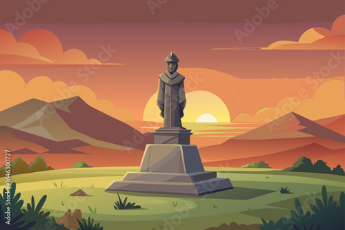 Clean Vector Illustration of a Metal Stone Statue in a Field