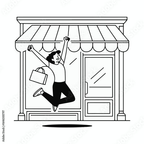Excited shopper jumping for joy outside boutique after successful shopping trip, celebrating retail therapy and fashion finds, vector illustration