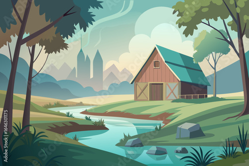 Light Color Vector of a Rustic Barn by a Creek