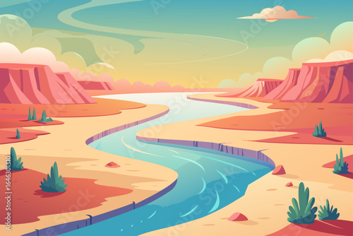 Pastel Color Vector of a Matte River Bend in a Desert