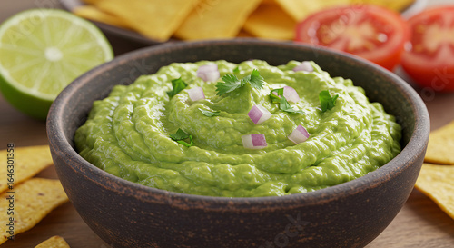 Fresh guacamole with tomato, onion, cilantro and lime
