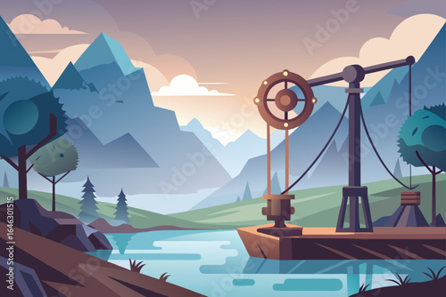 Smooth Gradient Vector of a Metal and Wooden Pulley Crane