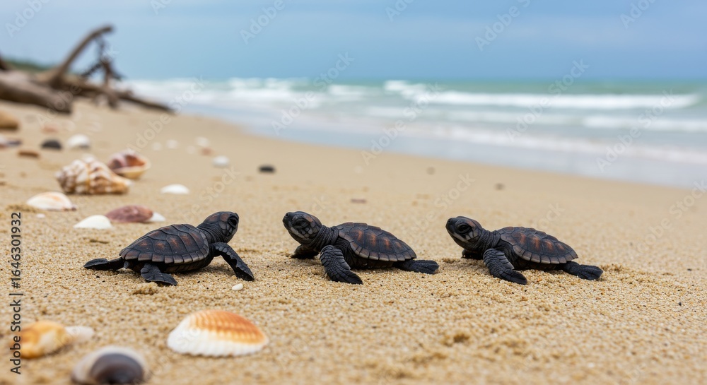 Obraz premium Three Determined Sea Turtle Hatchlings March Towards the Ocean's Embrace.