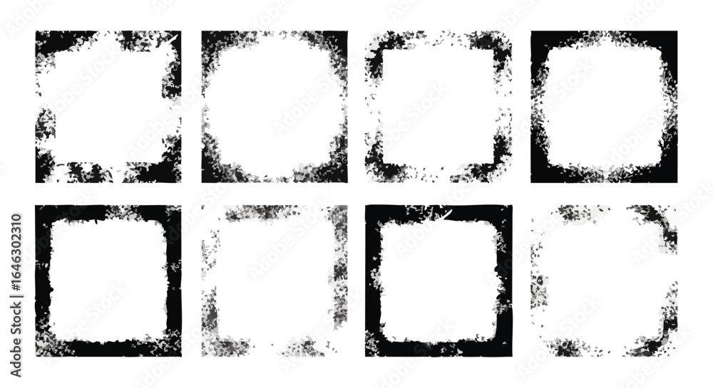 Obraz premium A collection of eight distinct black and white grunge frames with distressed textures, perfect for adding an artistic, worn edge to various design projects.