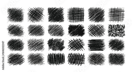 A diverse collection of hand-drawn black scribble, sketch, and crosshatch texture elements, perfect for adding artistic or distressed effects to designs.
