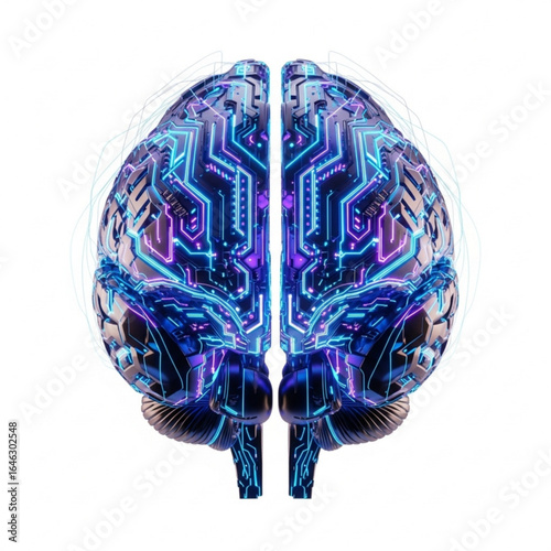 Futuristic cerebral organ with glowing circuits and intricate cybernetic enhancements is displayed centrally