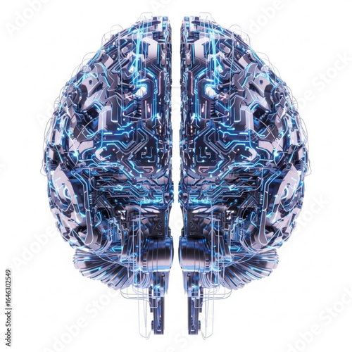 Digital representation of human cerebrum with intricate circuit patterns and glowing electric blue lines shown