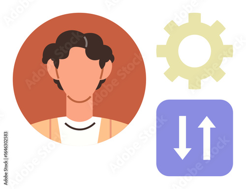Portrait placeholder next to a gear and up-down arrows, highlighting user customization, app settings, sync features. Ideal for technology, user experience, management, connection, interactivity