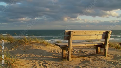 Peaceful beach scene with wooden bench