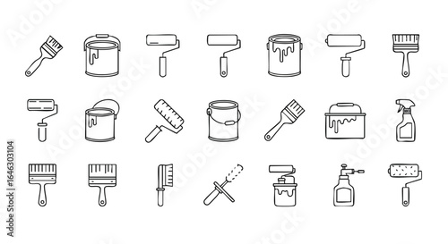A comprehensive collection of various line art icons depicting essential painting tools and equipment for home renovation and artistic projects.