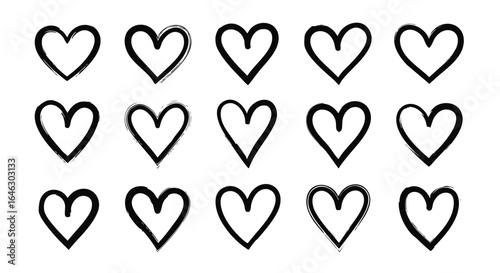 A collection of various hand-drawn black heart outlines in a grid pattern, perfect for expressing love, romance, and affection in creative designs.