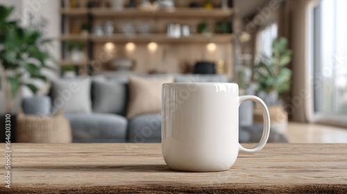 A white mug sits on a wooden table, blurred cozy living room background