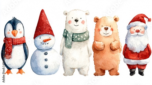 Watercolor Set of Cute Christmas Characters Penguins Illustration