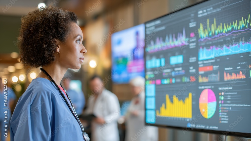 Fototapeta premium Healthcare administrator in sharp focus analyzing dynamic charts on a large hospital analytics display tracking patient admissions and discharges with other staff and screens