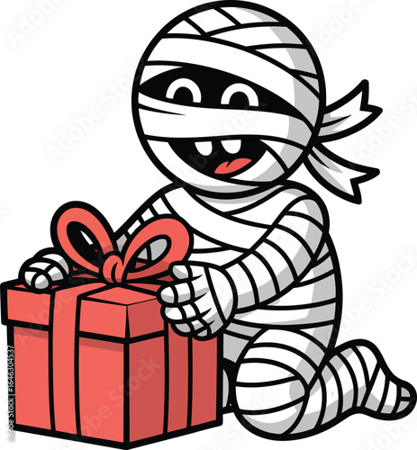 Mummy character opening a red gift box cartoon halloween
