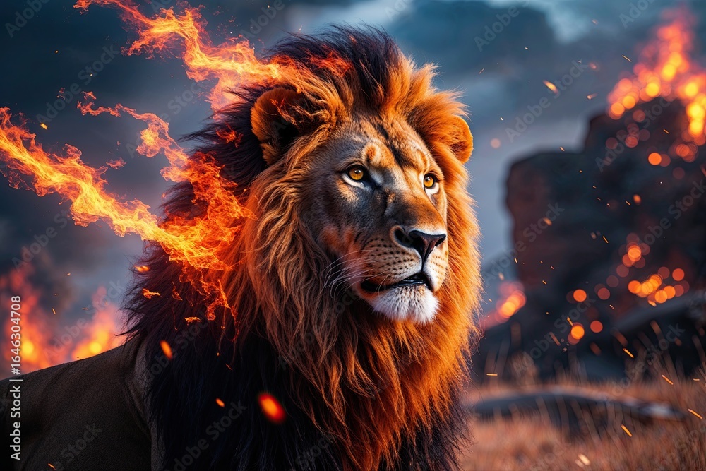 Naklejka premium Stunning Colorful Lion in a Fantasy Firestorm Artwork Design