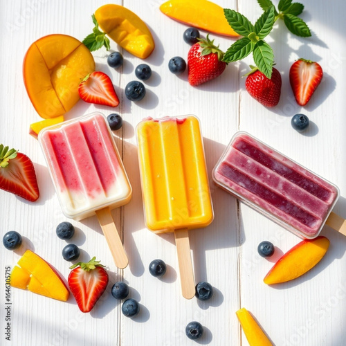 Helados polos de hielo de yogur y fruta fresas melocotón y arándanos