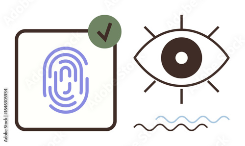Fingerprint with approval checkmark and eye icon representing identity verification and security. Ideal for cybersecurity, technology, privacy, AI, authentication, data protection, digital safety