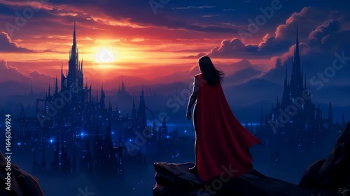 Powerful female superhero with flowing red cape standing confidently on mountain peak overlooking vast futuristic metropolis with gleaming towers under vibrant sunset sky. Strong silhouetted figure