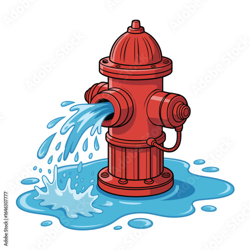 Red fire hydrant leaking water and creating puddles