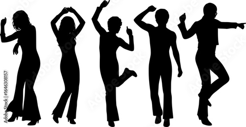 A group of retro 70s disco dancer silhouettes in groovy poses
