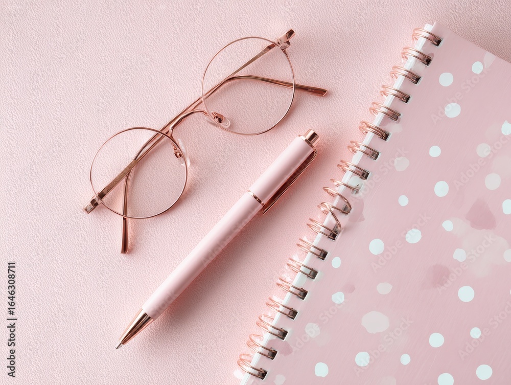 Pink Pastel Desk Flatlay with Notepad, Rose Gold Pen and Glasses Pink Pastel Desk Flatlay with Notepad, Rose Gold Pen and Glasses