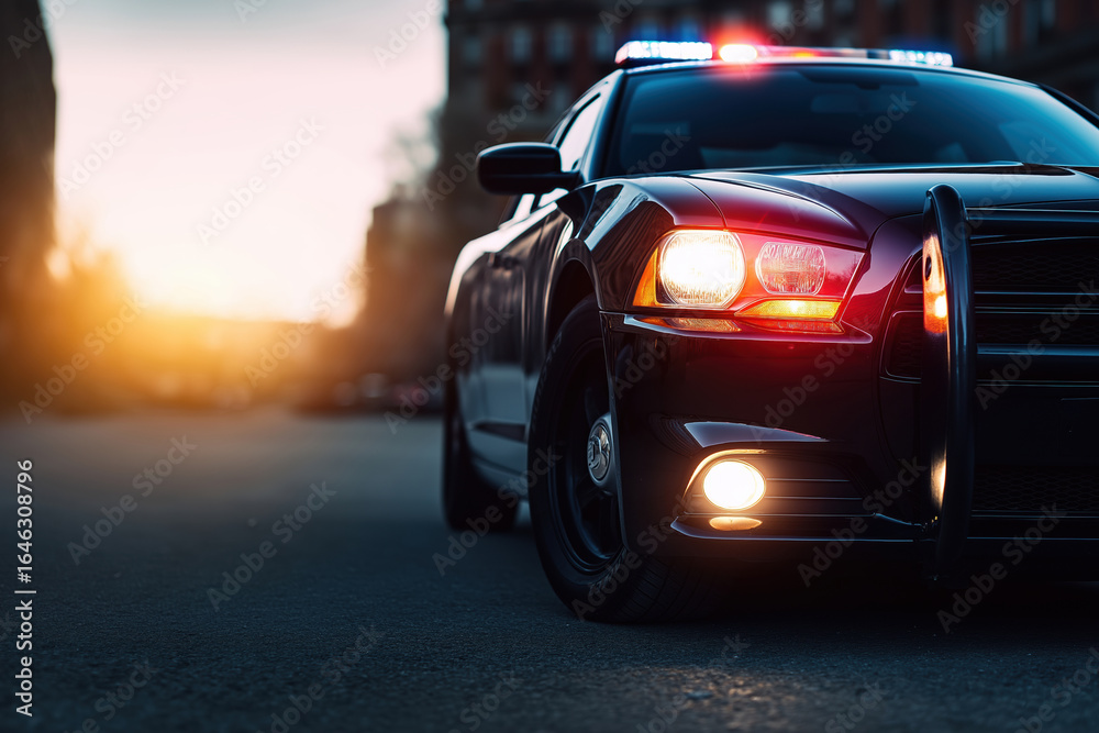 Fototapeta premium Police vehicle parked on urban street during sunset with flashing lights activated
