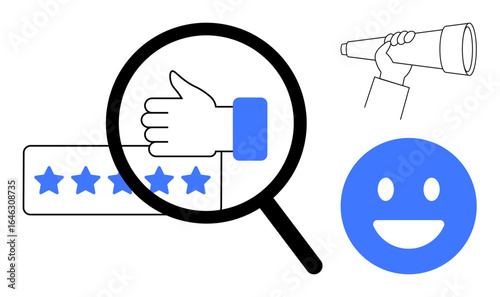 Thumbs-up in magnifying glass over five-star rating, telescope in hand, and smiling face. Ideal for feedback, user experience, evaluation, satisfaction, review, discovery simple landing page
