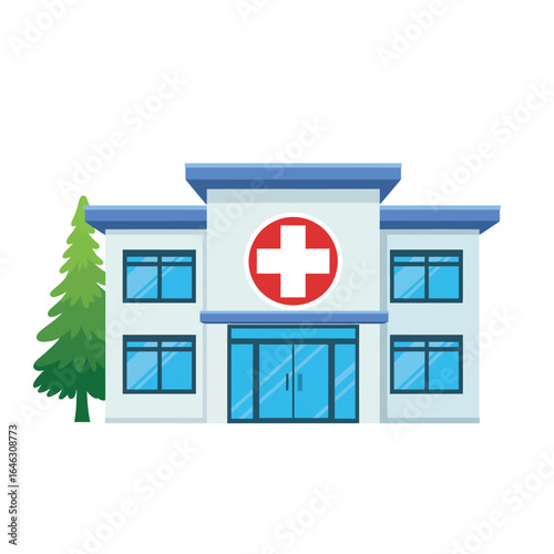 Modern hospital building with green tree and medical symbol