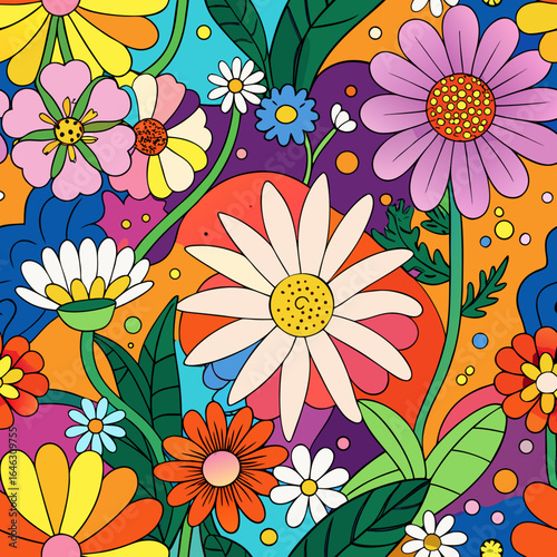 Seamless colorful floral pattern with beautiful spring flowers and leaves illustration