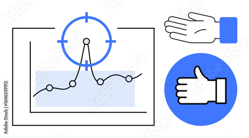 Target highlighted above analytical graph, open hand gesture, and thumbs-up icon. Ideal for analytics, business goals, user feedback, performance tracking, teamwork, growth simple landing page