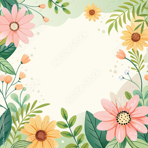 Pink daisy and green leaf floral border with copy space on a white background