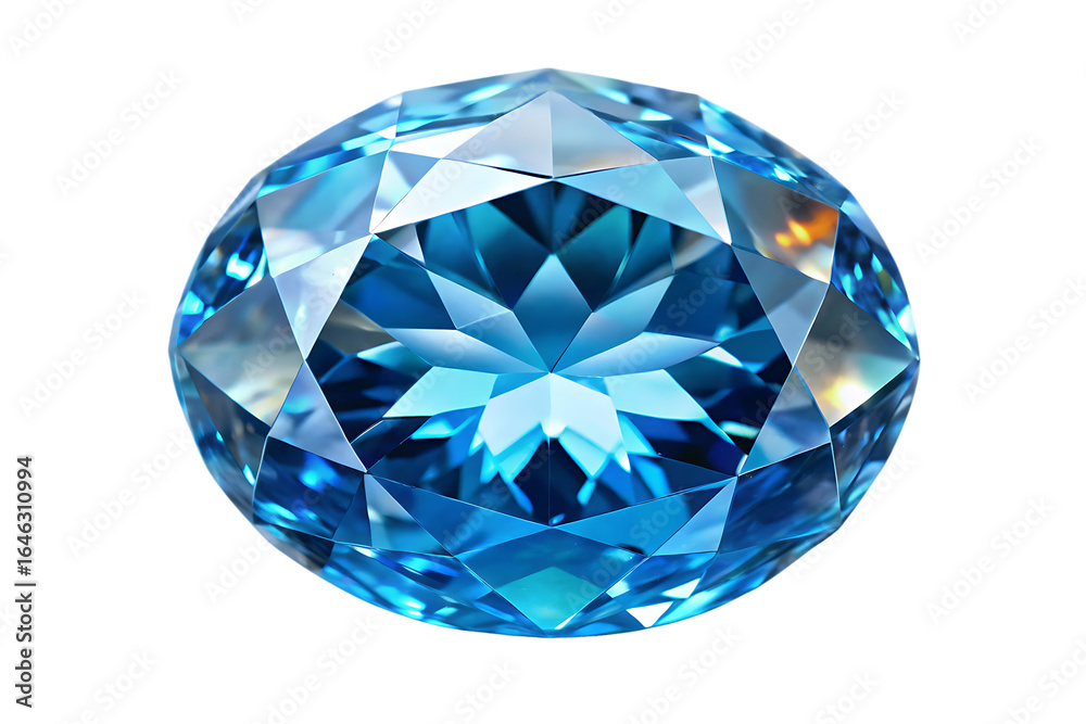 Fototapeta premium Close up of a faceted blue gemstone with brilliant light reflections on a black background diamond jewel isolated on a transparent background
