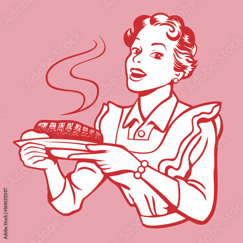 Retro mom wearing apron serving a hot roast