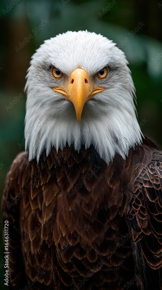 Fototapeta premium Close-up portrait of a bald eagle with intense gaze, detailed feathers, and blurred natural habitat background, symbolizing power and grace. Ideal for wildlife and conservation themes.
