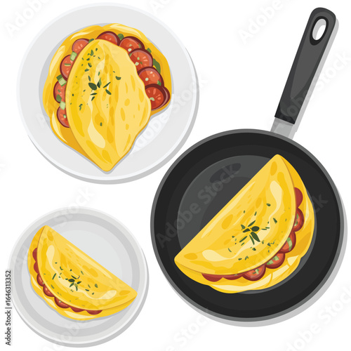 Delicious omelets prepared in a frying pan with fresh ingredients