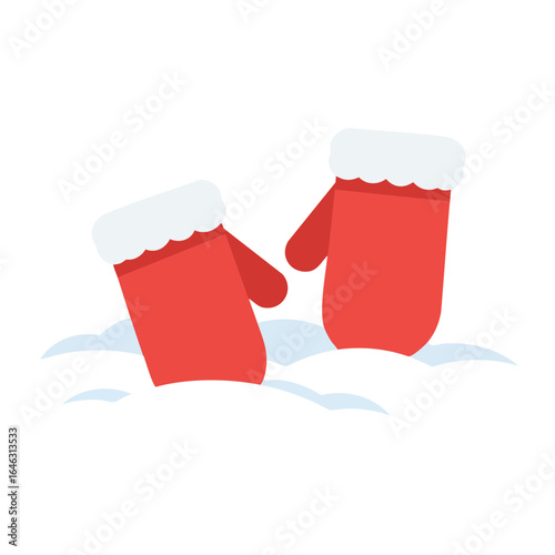 Vector illustration of red mittens in snow on white background, winter