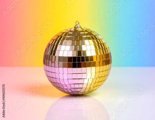 Gold disco ball with rainbow backdrop.