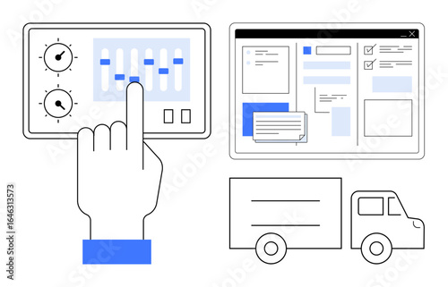 Hand adjusting control panel sliders, digital interface with task organization layout, and delivery truck outline. Ideal for logistics, automation, task planning, transportation, efficiency