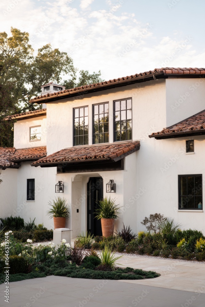 Fototapeta premium Modern architecture blends with nature in a serene home setting at golden hour, showcasing elegance and tranquility in residential design