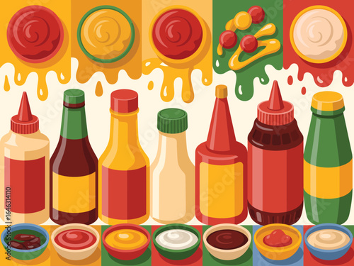 Assortment of condiments and sauces in bottles and bowls