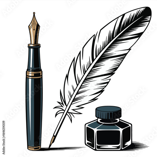 Vintage quill pen inkwell and fountain pen drawing