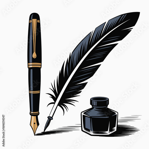 Classic writing tools fountain pen quill and inkwell
