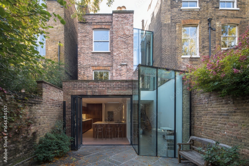 Fototapeta Modern architectural design of a glass extension blending seamlessly with a historic brick house in an urban garden setting during daylight hours